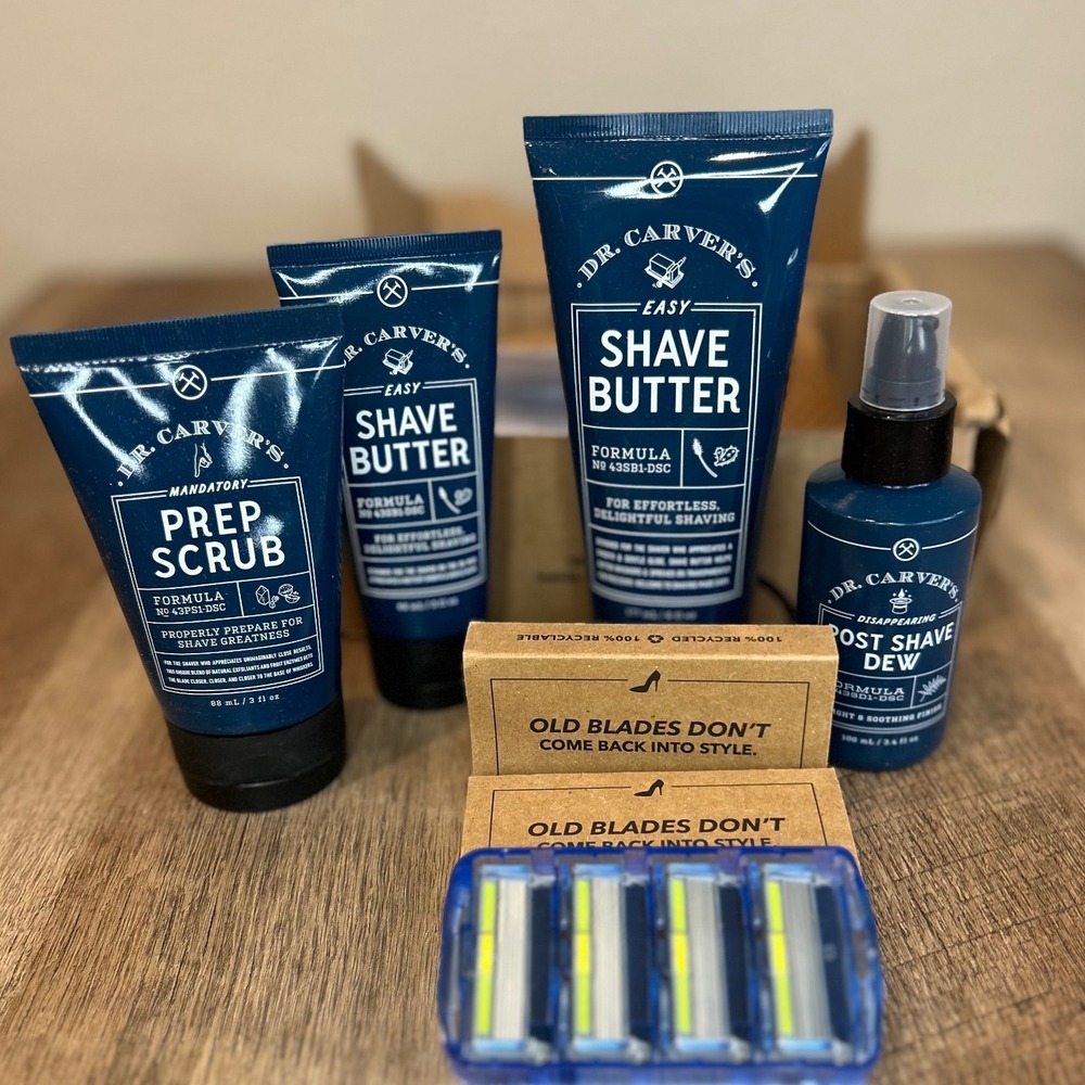 Dr Carvers Shave Butter Prep Scrub Post Shave Dew‎ Razor Blade Set